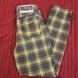 E67 Ragged Jeans Womens 26 Yellow Black Plaid High Rise Straight Leg Denim Pants